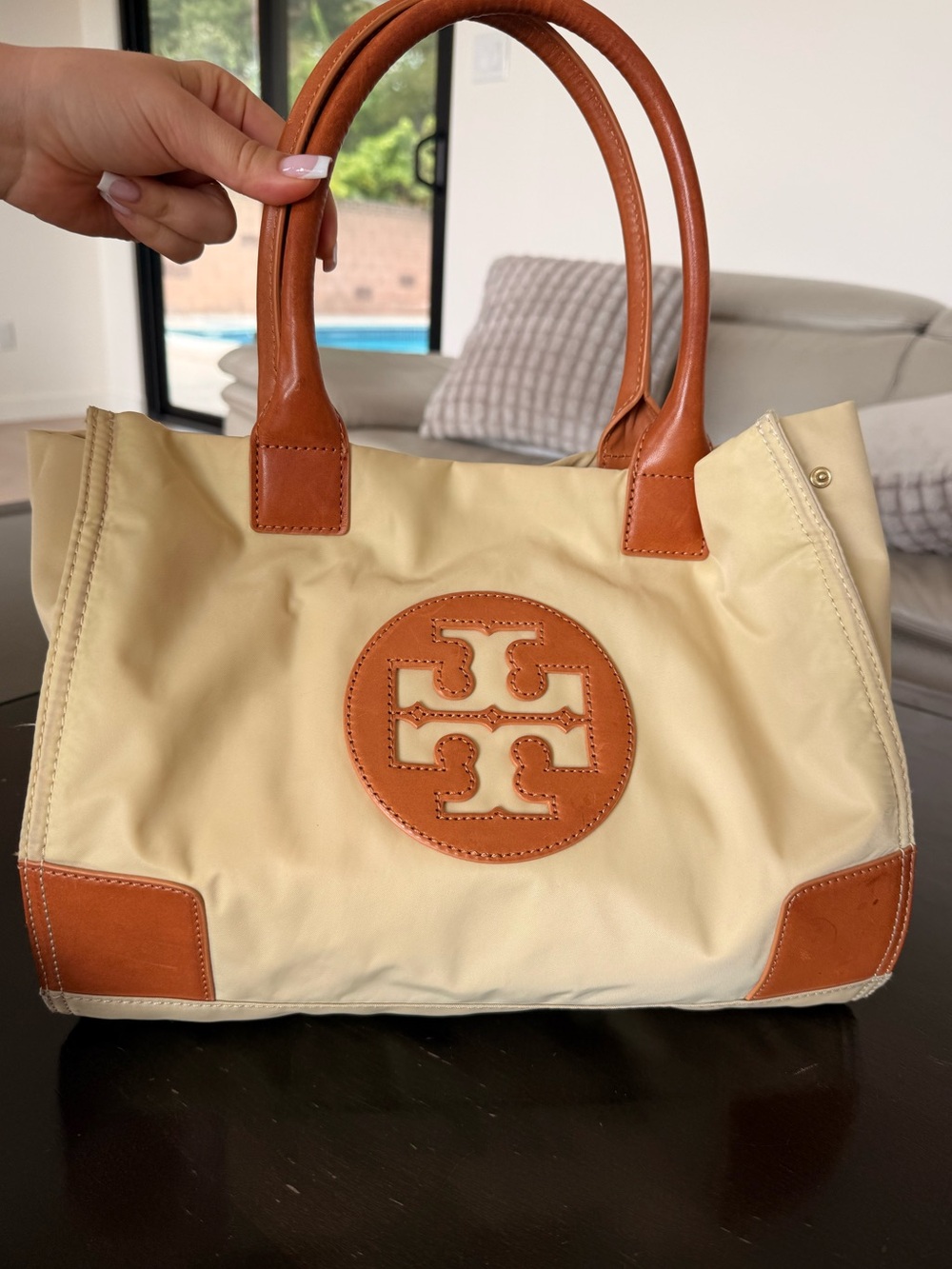 Tory Burch Cream and Tan Logo Tote